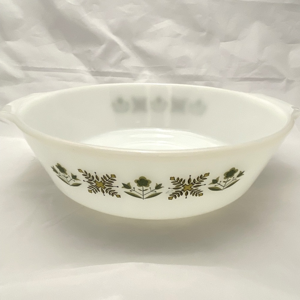 Anchor Hocking Fire King 429 Milk Glass Green Meadow 9" Casserole Dish VTG